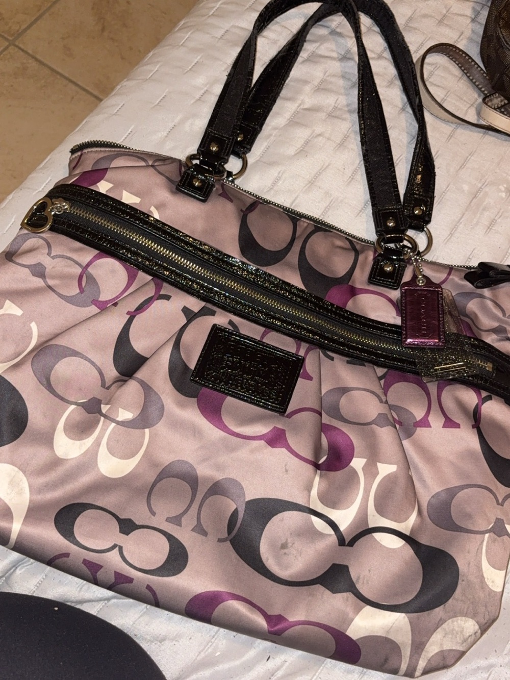 Coach Gray and Purple Signature Print Shoulder Tote - Picture 5 of 5